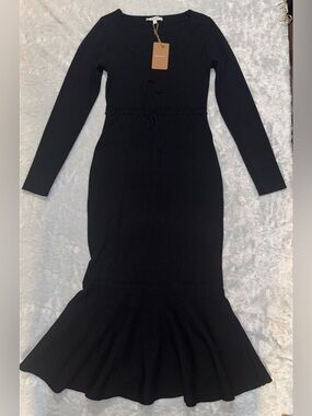 RIHOAS Black Long-Sleeve Knit Midi Dress with Tie Waist